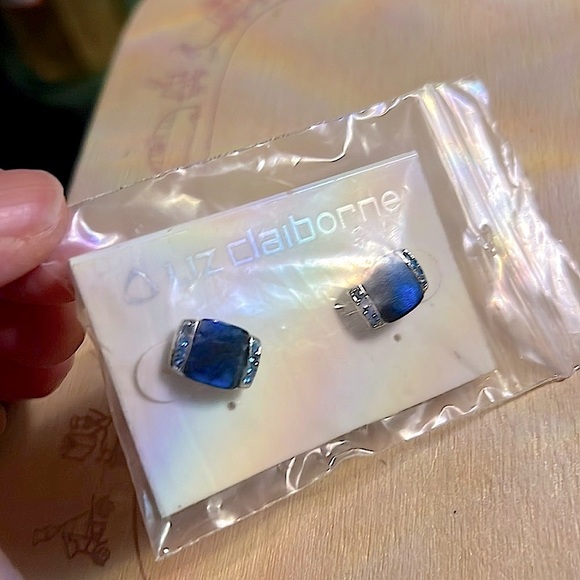LIZ CLAIBORNE 💙 SILVER BLUE GEM STONE & BABY BLUE RHINESTONES PIERCED EARRINGS - Picture 7 of 7